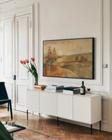 Autumn Hills by Silvia Vassileva. shown as a framed stretched canvas in a living room above a console. Available as a archival giclee rolled canvas, fine art paper, or poster print. SKU 3974i.
