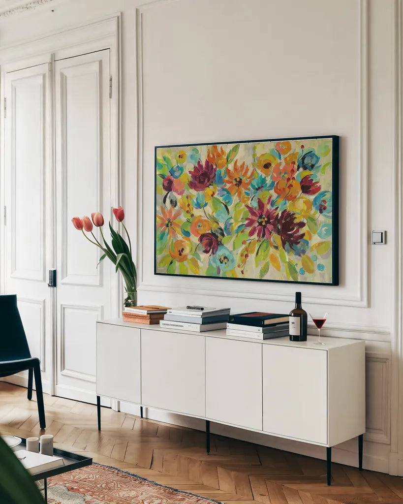 Autumn Joy by Silvia Vassileva. shown as a framed stretched canvas in a living room above a console. Available as a archival giclee rolled canvas, fine art paper, or poster print. SKU 28654i.