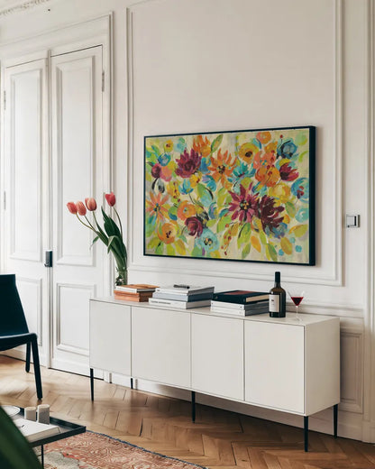 Autumn Joy by Silvia Vassileva. shown as a framed stretched canvas in a living room above a console. Available as a archival giclee rolled canvas, fine art paper, or poster print. SKU 28654i.