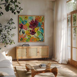 Autumn Joy II by Silvia Vassileva. Shown in a natural wood frame in a cozy modern living room. Available as an archival giclee rolled canvas, fine art paper, or poster print. SKU 29243a.