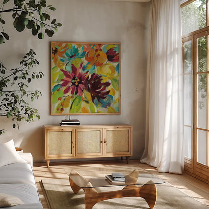Autumn Joy III by Silvia Vassileva. Shown in a natural wood frame in a cozy modern living room. Available as an archival giclee rolled canvas, fine art paper, or poster print. SKU 29244a.