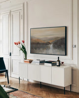 Autumn Path by Silvia Vassileva. shown as a framed stretched canvas in a living room above a console. Available as a archival giclee rolled canvas, fine art paper, or poster print. SKU 94419i.