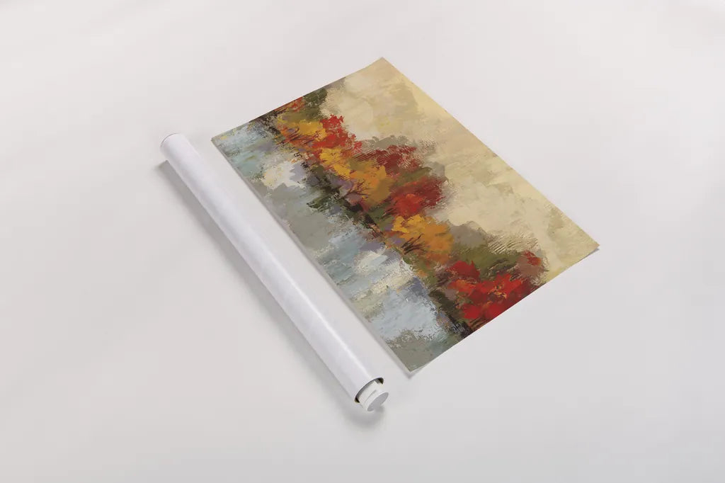 Autumn River Reflection by Silvia Vassileva. shown as a rolled paper print. Available as archival giclee rolled canvas, fine art paper, or poster print. SKU 58439i.