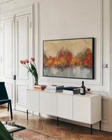 Autumn River Reflection by Silvia Vassileva. shown as a framed stretched canvas in a living room above a console. Available as a archival giclee rolled canvas, fine art paper, or poster print. SKU 58439i.