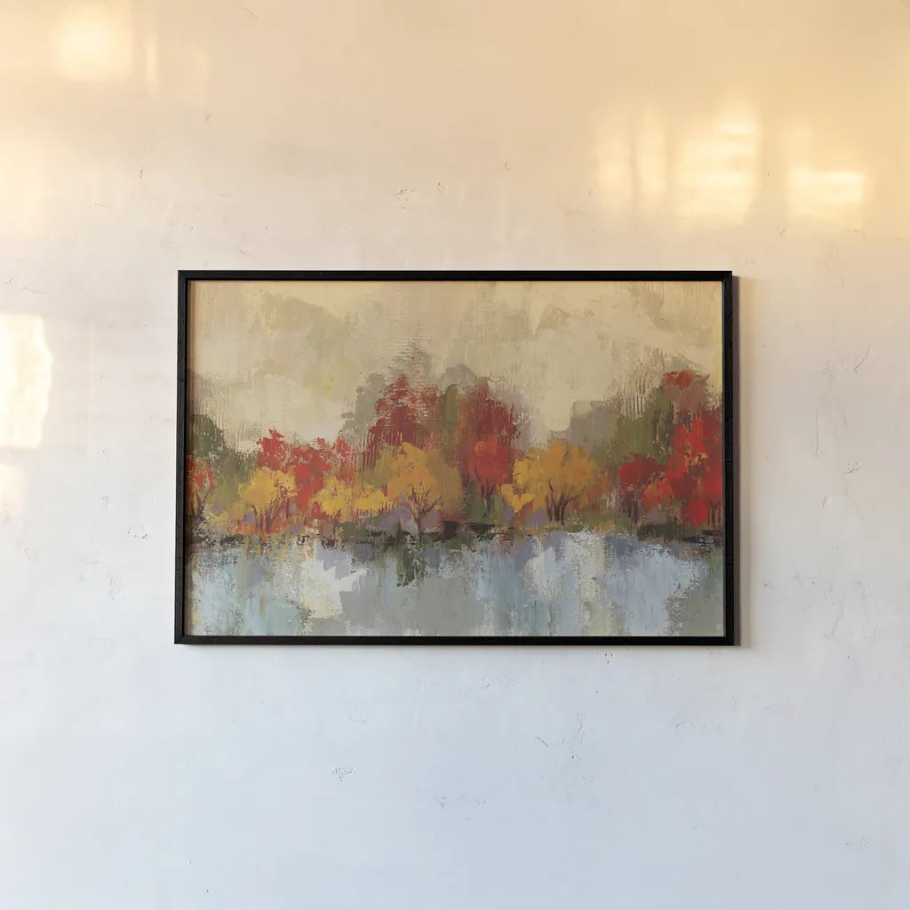 Autumn River Reflection by Silvia Vassileva. shown as a paper print in a black flame. Available as a archival giclee rolled canvas, fine art paper, or poster print. SKU 58439i.