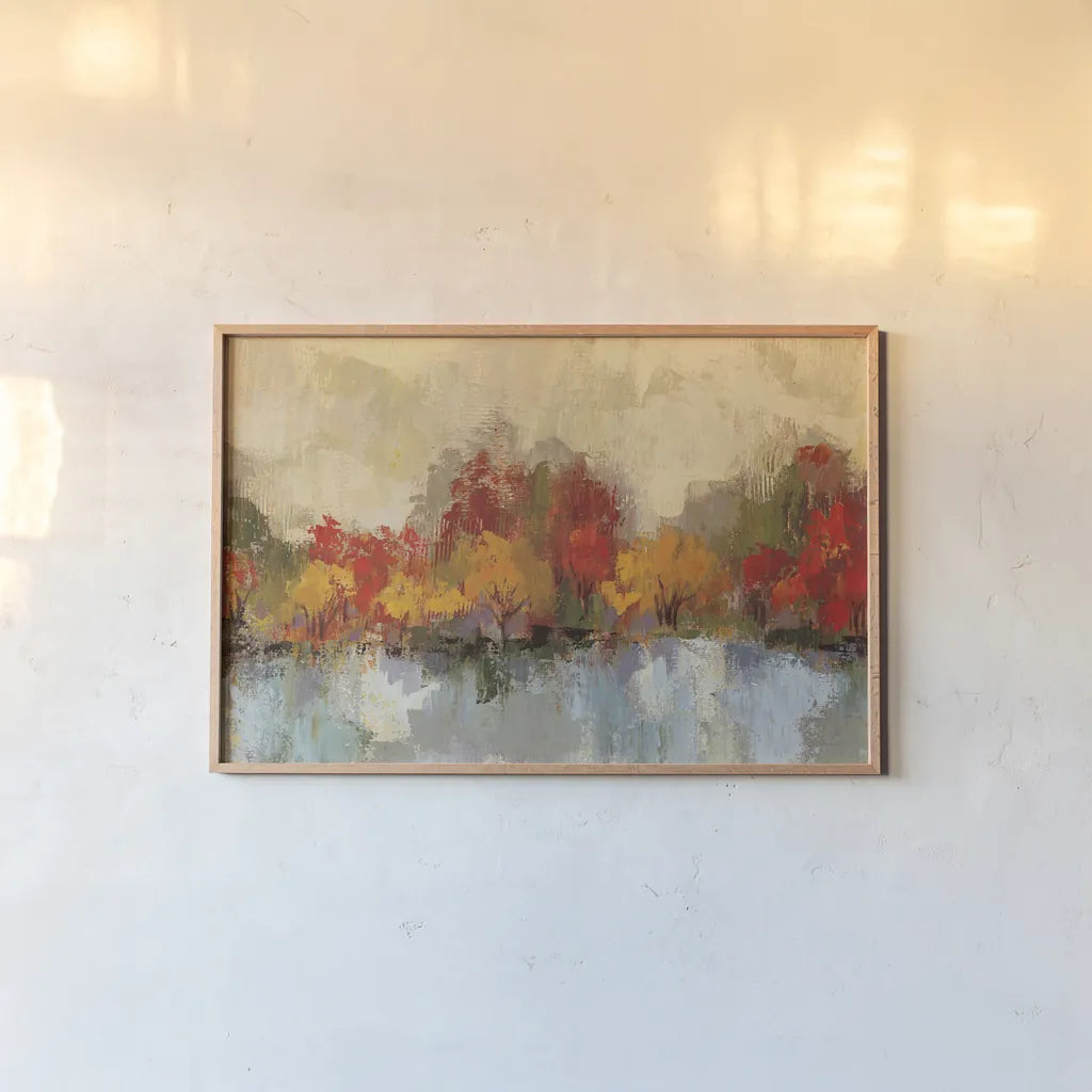 Autumn River Reflection by Silvia Vassileva. shown as a paper print in a natural frame. Available as a archival giclee rolled canvas, fine art paper, or poster print. SKU 58439i.