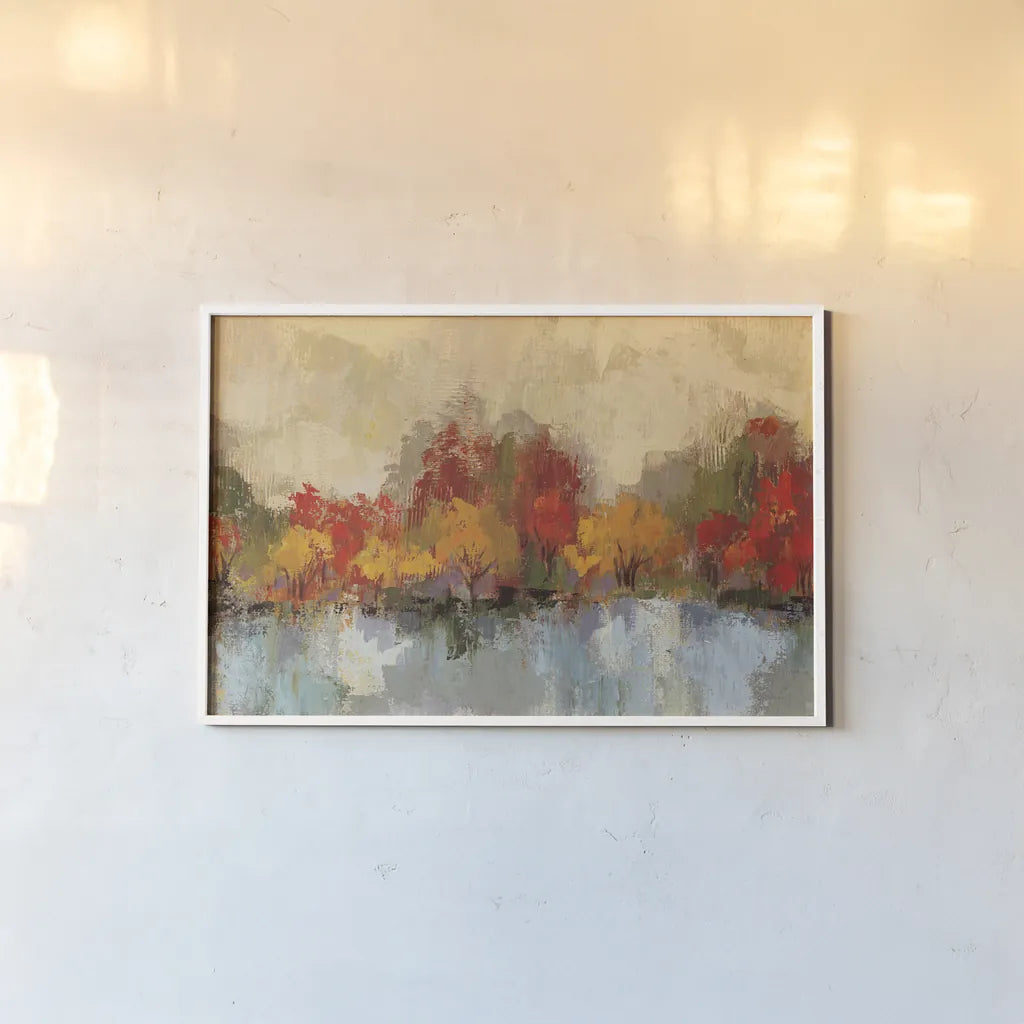 Autumn River Reflection by Silvia Vassileva. shown as a paper print in a white frame. Available as a archival giclee rolled canvas, fine art paper, or poster print. SKU 58439i.