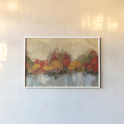 Autumn River Reflection by Silvia Vassileva. shown as a paper print in a white frame. Available as a archival giclee rolled canvas, fine art paper, or poster print. SKU 58439i.