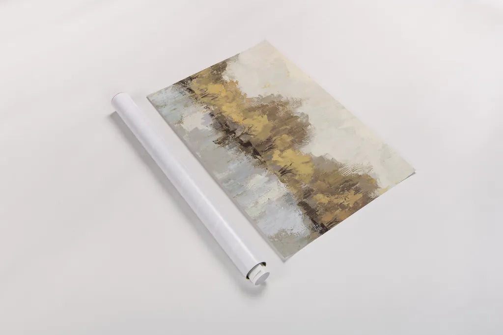 Autumn River Reflection Gold by Silvia Vassileva. shown as a rolled paper print. Available as archival giclee rolled canvas, fine art paper, or poster print. SKU 62631i.