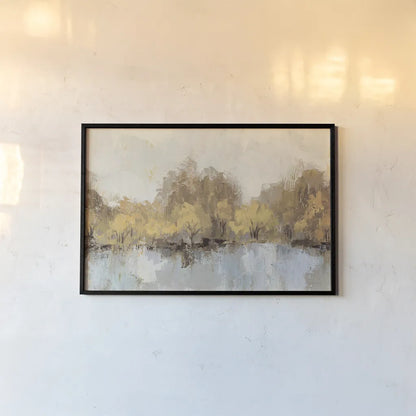 Autumn River Reflection Gold by Silvia Vassileva. shown as a paper print in a black flame. Available as a archival giclee rolled canvas, fine art paper, or poster print. SKU 62631i.