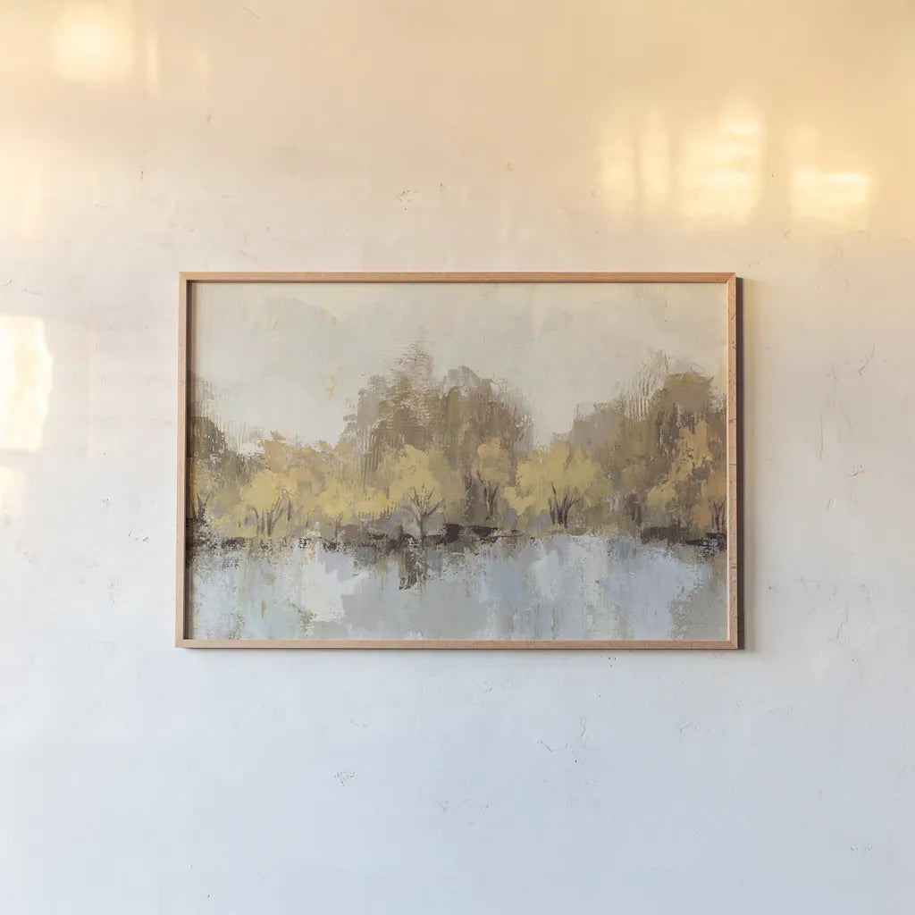 Autumn River Reflection Gold by Silvia Vassileva. shown as a paper print in a natural frame. Available as a archival giclee rolled canvas, fine art paper, or poster print. SKU 62631i.