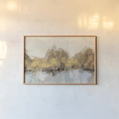 Autumn River Reflection Gold by Silvia Vassileva. shown as a paper print in a natural frame. Available as a archival giclee rolled canvas, fine art paper, or poster print. SKU 62631i.