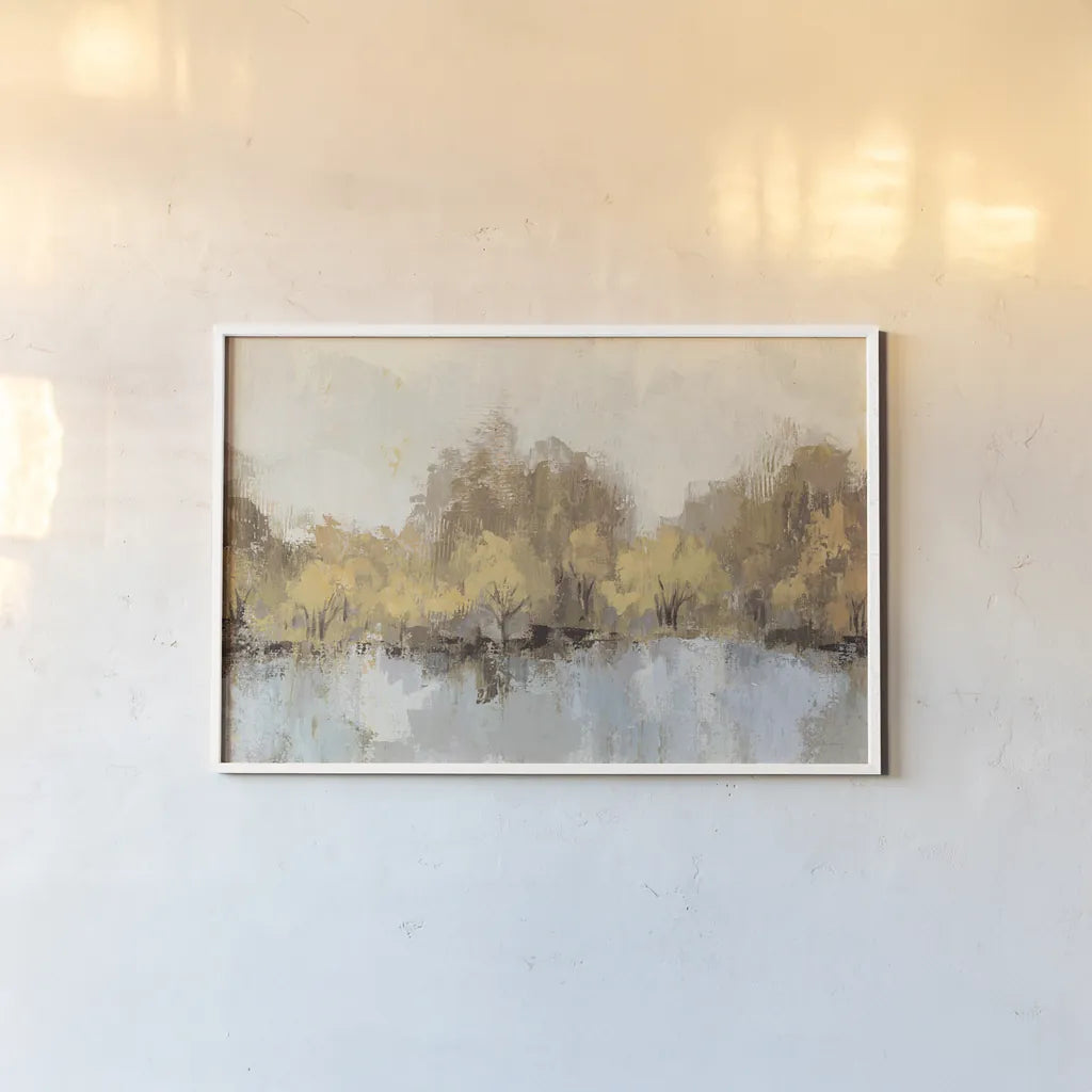 Autumn River Reflection Gold by Silvia Vassileva. shown as a paper print in a white frame. Available as a archival giclee rolled canvas, fine art paper, or poster print. SKU 62631i.
