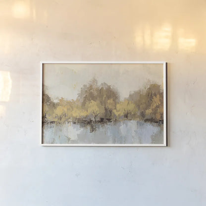 Autumn River Reflection Gold by Silvia Vassileva. shown as a paper print in a white frame. Available as a archival giclee rolled canvas, fine art paper, or poster print. SKU 62631i.