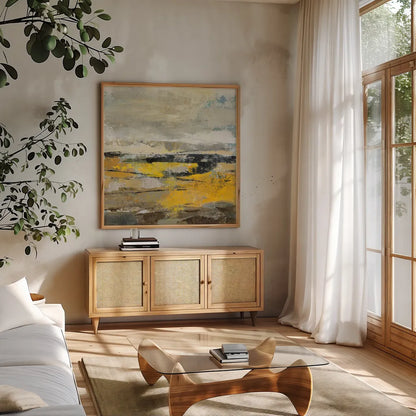 Before the Spring II by Silvia Vassileva. Shown in a natural wood frame in a cozy modern living room. Available as an archival giclee rolled canvas, fine art paper, or poster print. SKU 85628a.