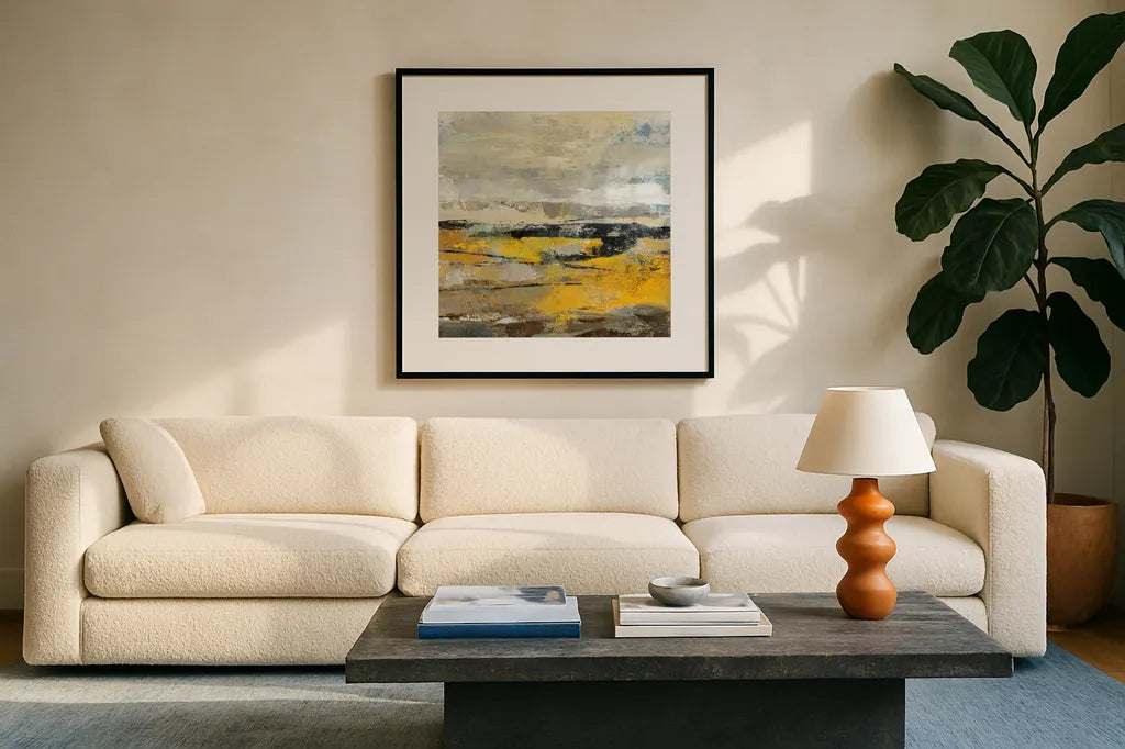 Before the Spring II by Silvia Vassileva. Displayed in a glass frame with matte in a clean modern living room. Available as an archival giclee rolled canvas, fine art paper, or poster print. SKU 85628a.