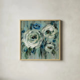 Big Sage Flowers by Silvia Vassileva. Shown in a natural wood glass frame for a timeless modern aesthetic. Available as an archival giclee rolled canvas, fine art paper, or poster print. SKU 48489a.