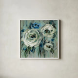 Big Sage Flowers by Silvia Vassileva. Shown in a crisp white glass frame for a clean and minimalist style. Available as an archival giclee rolled canvas, fine art paper, or poster print. SKU 48489a.
