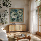 Big Sage Flowers by Silvia Vassileva. Shown in a natural wood frame in a cozy modern living room. Available as an archival giclee rolled canvas, fine art paper, or poster print. SKU 48489a.