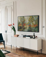 Birch Trees by Silvia Vassileva. shown as a framed stretched canvas in a living room above a console. Available as a archival giclee rolled canvas, fine art paper, or poster print. SKU 102544i.