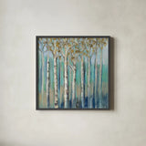 Birches at Dawn by Silvia Vassileva. Shown in a sleek black glass frame for a contemporary gallery look. Available as an archival giclee rolled canvas, fine art paper, or poster print. SKU 17591a.