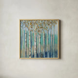 Birches at Dawn by Silvia Vassileva. Shown in a natural wood glass frame for a timeless modern aesthetic. Available as an archival giclee rolled canvas, fine art paper, or poster print. SKU 17591a.