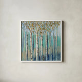 Birches at Dawn by Silvia Vassileva. Shown in a crisp white glass frame for a clean and minimalist style. Available as an archival giclee rolled canvas, fine art paper, or poster print. SKU 17591a.