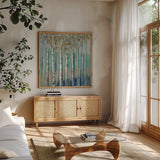 Birches at Dawn by Silvia Vassileva. Shown in a natural wood frame in a cozy modern living room. Available as an archival giclee rolled canvas, fine art paper, or poster print. SKU 17591a.