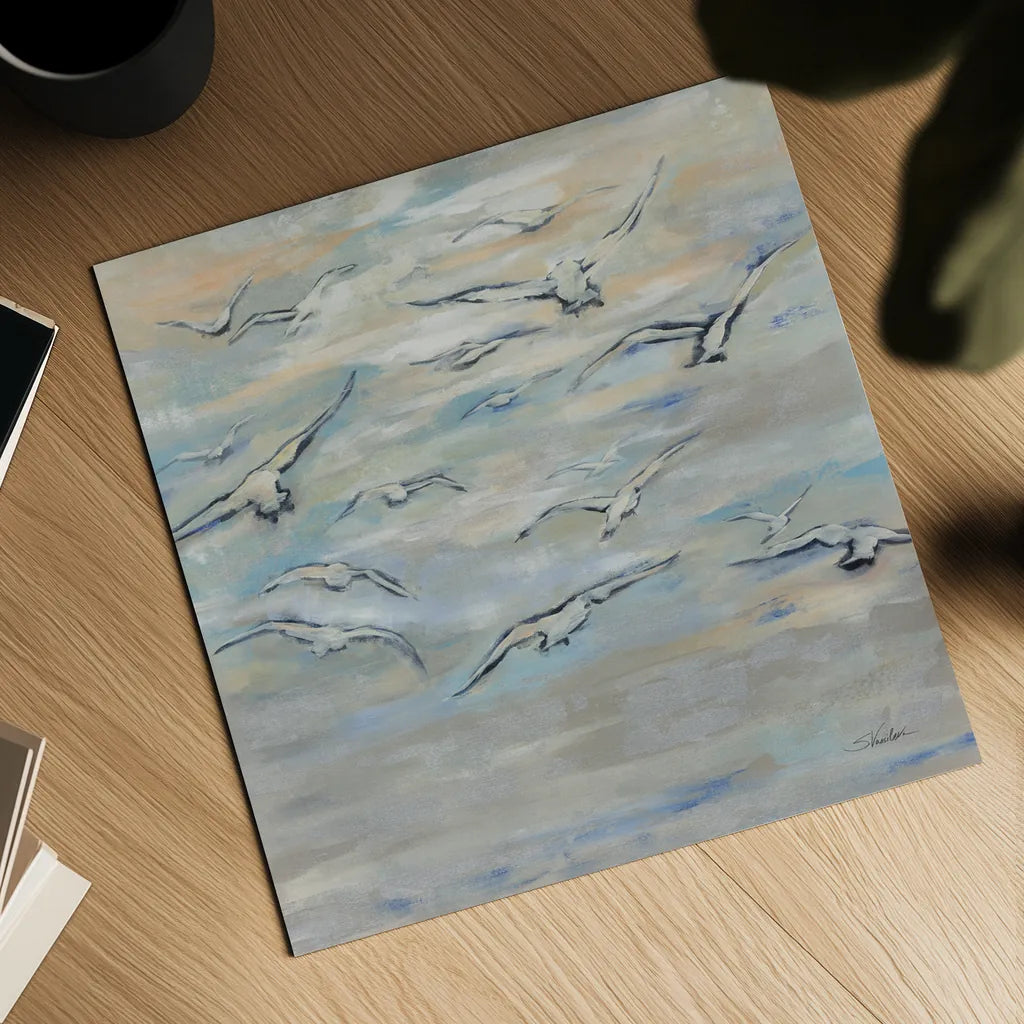 Birds and Wispy Clouds by Silvia Vassileva. Shown as a detailed flat fine art print, highlighting archival giclee quality. Available as an archival giclee rolled canvas, fine art paper, or poster print. SKU 100774a.