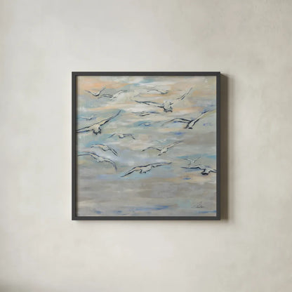 Birds and Wispy Clouds by Silvia Vassileva. Shown in a sleek black glass frame for a contemporary gallery look. Available as an archival giclee rolled canvas, fine art paper, or poster print. SKU 100774a.
