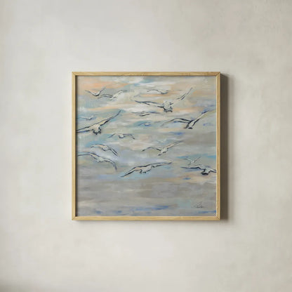 Birds and Wispy Clouds by Silvia Vassileva. Shown in a natural wood glass frame for a timeless modern aesthetic. Available as an archival giclee rolled canvas, fine art paper, or poster print. SKU 100774a.