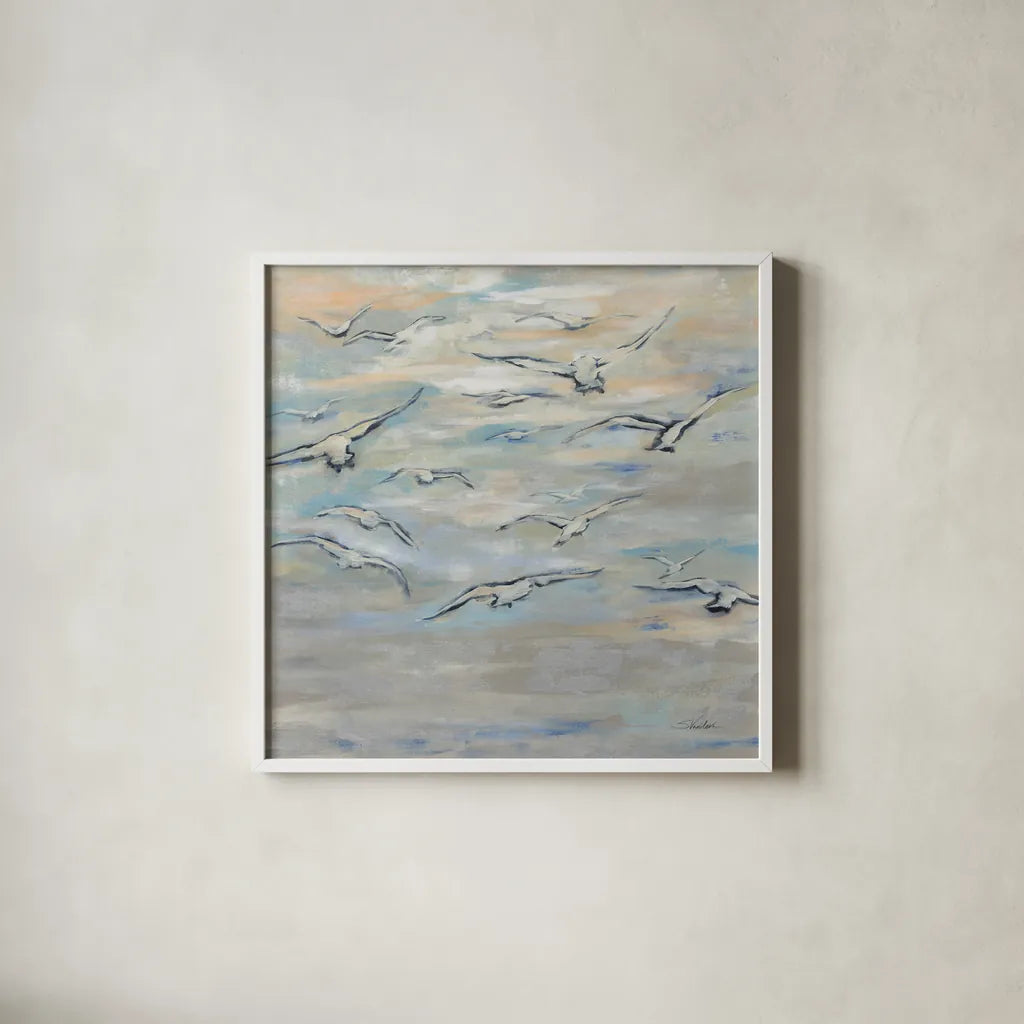 Birds and Wispy Clouds by Silvia Vassileva. Shown in a crisp white glass frame for a clean and minimalist style. Available as an archival giclee rolled canvas, fine art paper, or poster print. SKU 100774a.