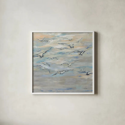 Birds and Wispy Clouds by Silvia Vassileva. Shown in a crisp white glass frame for a clean and minimalist style. Available as an archival giclee rolled canvas, fine art paper, or poster print. SKU 100774a.
