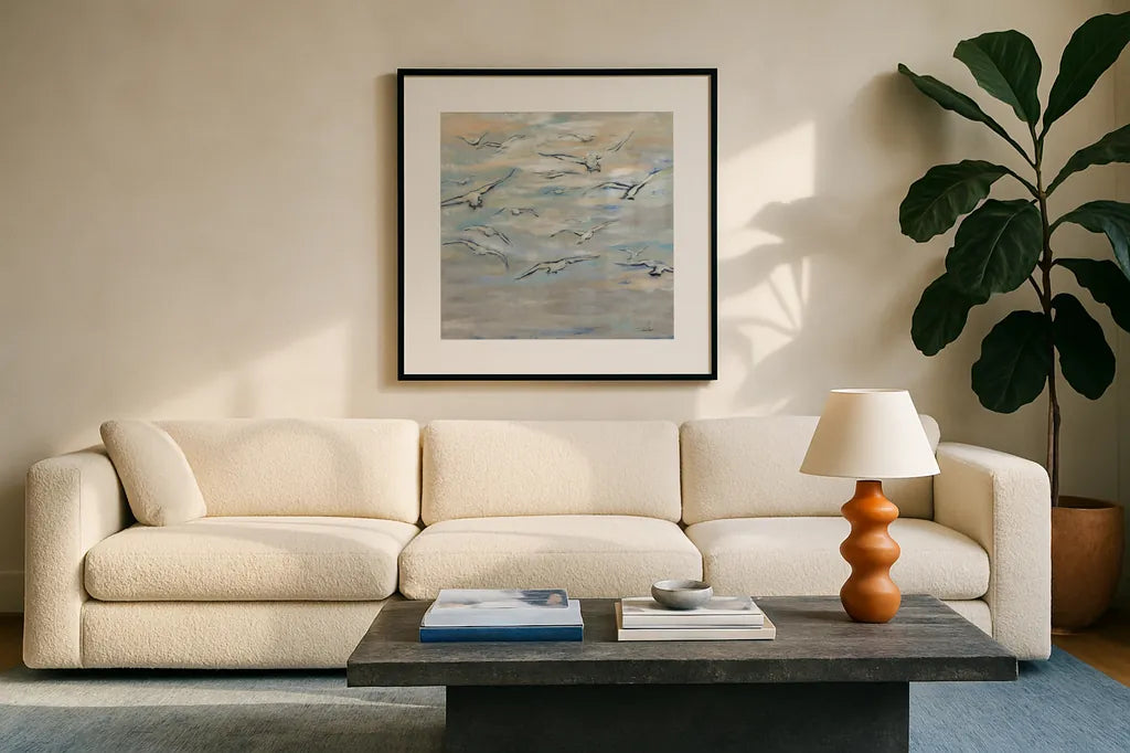 Birds and Wispy Clouds by Silvia Vassileva. Displayed in a glass frame with matte in a clean modern living room. Available as an archival giclee rolled canvas, fine art paper, or poster print. SKU 100774a.