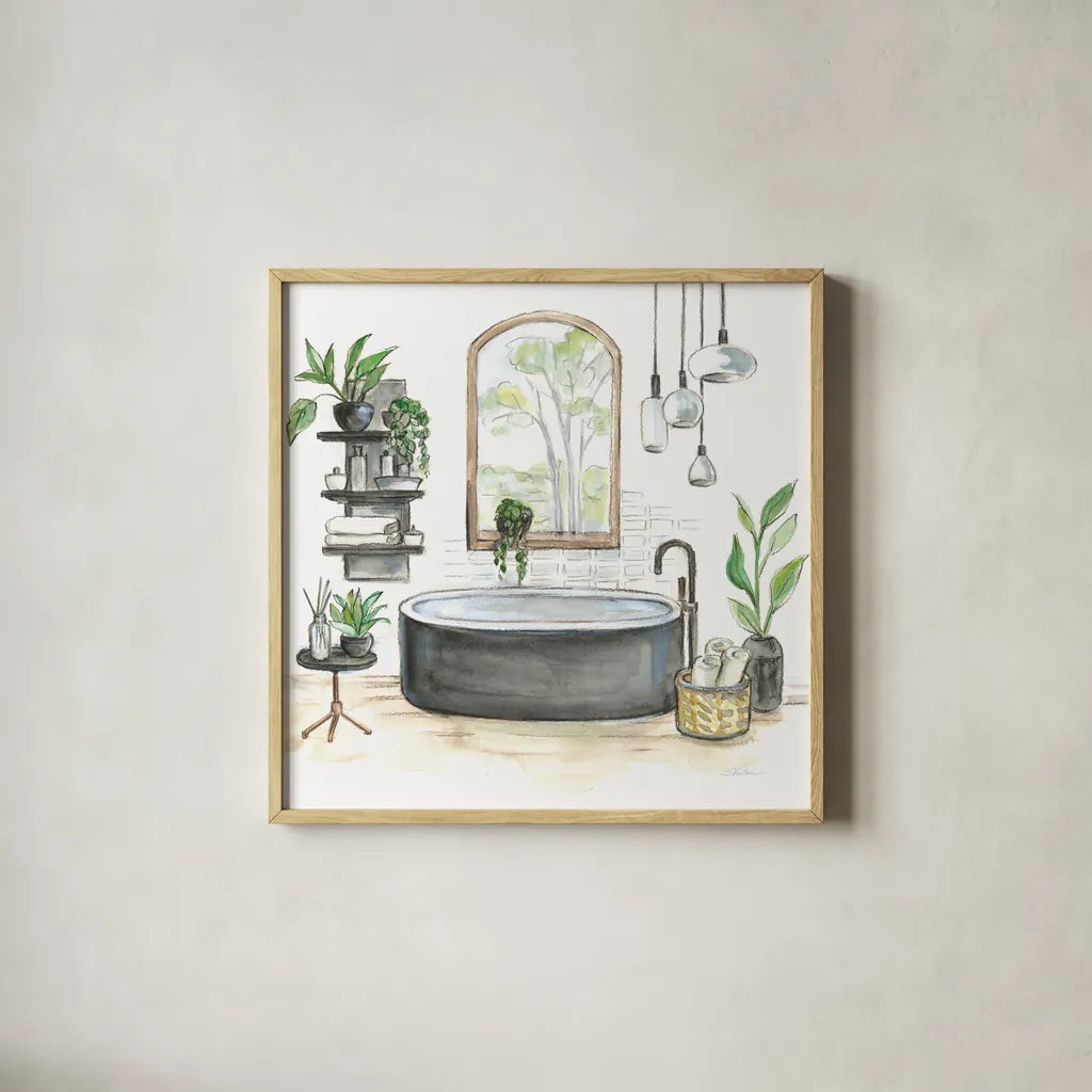 Black Bathtub I by Silvia Vassileva. Shown in a natural wood glass frame for a timeless modern aesthetic. Available as an archival giclee rolled canvas, fine art paper, or poster print. SKU 63287a.