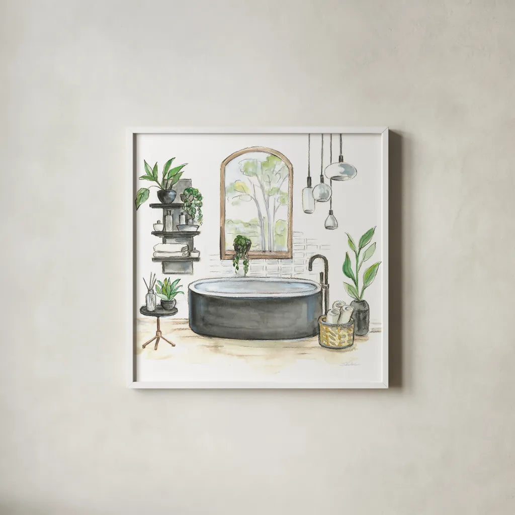 Black Bathtub I by Silvia Vassileva. Shown in a crisp white glass frame for a clean and minimalist style. Available as an archival giclee rolled canvas, fine art paper, or poster print. SKU 63287a.