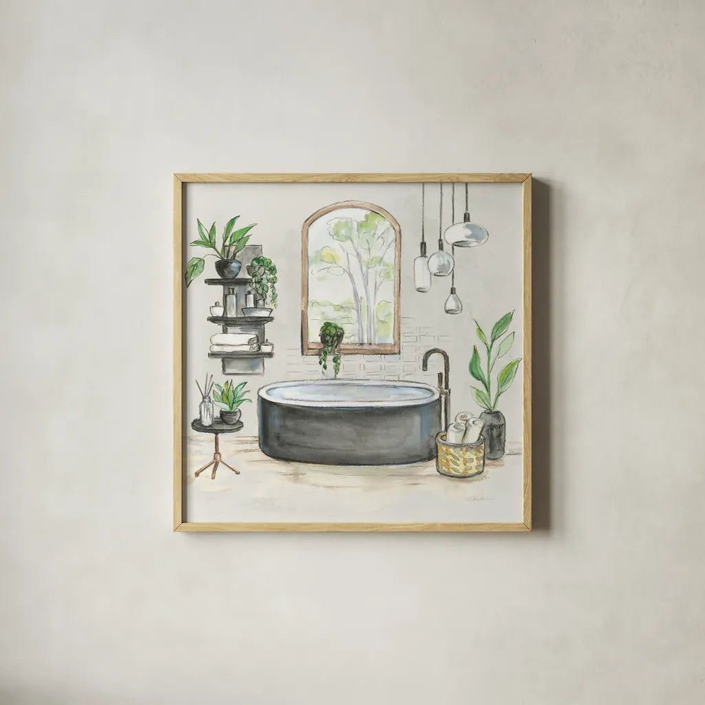 Black Bathtub I v2 by Silvia Vassileva. Shown in a natural wood glass frame for a timeless modern aesthetic. Available as an archival giclee rolled canvas, fine art paper, or poster print. SKU 66623a.