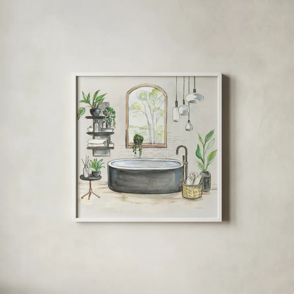 Black Bathtub I v2 by Silvia Vassileva. Shown in a crisp white glass frame for a clean and minimalist style. Available as an archival giclee rolled canvas, fine art paper, or poster print. SKU 66623a.