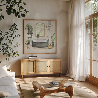 Black Bathtub I v2 by Silvia Vassileva. Shown in a natural wood frame in a cozy modern living room. Available as an archival giclee rolled canvas, fine art paper, or poster print. SKU 66623a.