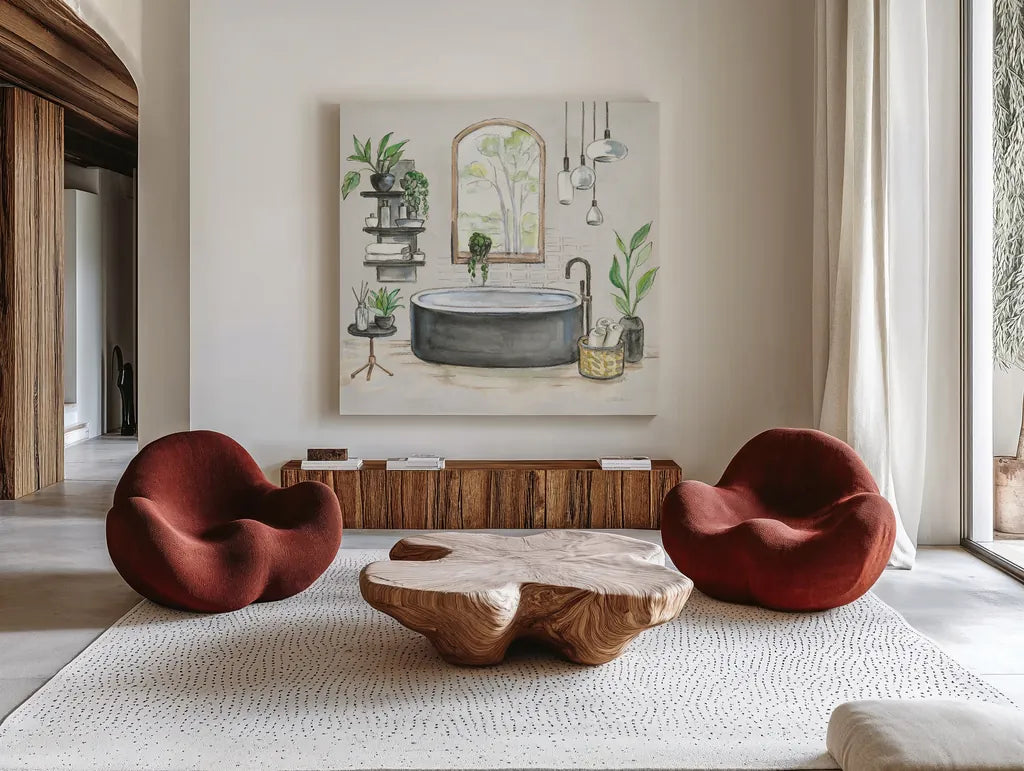 Black Bathtub I v2 by Silvia Vassileva. Shown as extra-large giant wall art in a modern living room. Available as an archival giclee rolled canvas, fine art paper, or poster print. SKU 66623a.