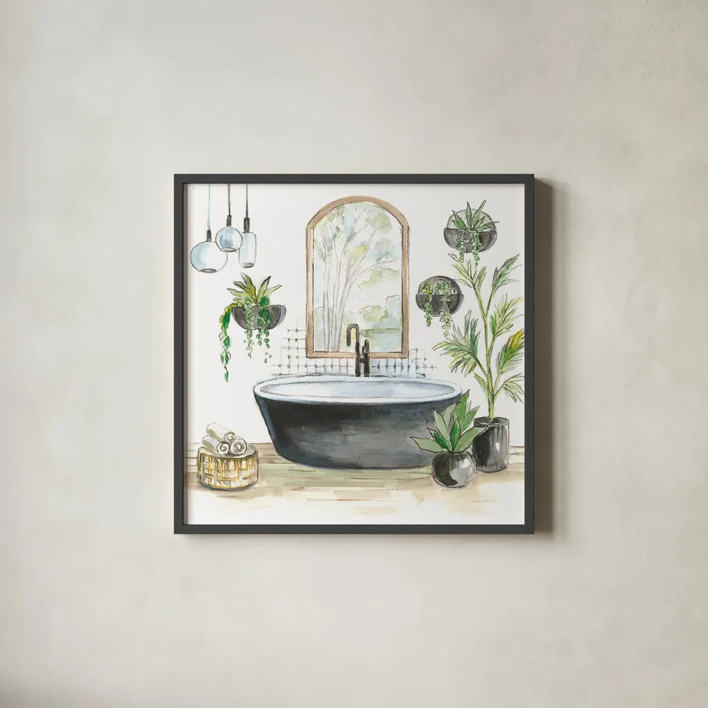Black Bathtub II by Silvia Vassileva. Shown in a sleek black glass frame for a contemporary gallery look. Available as an archival giclee rolled canvas, fine art paper, or poster print. SKU 63288a.