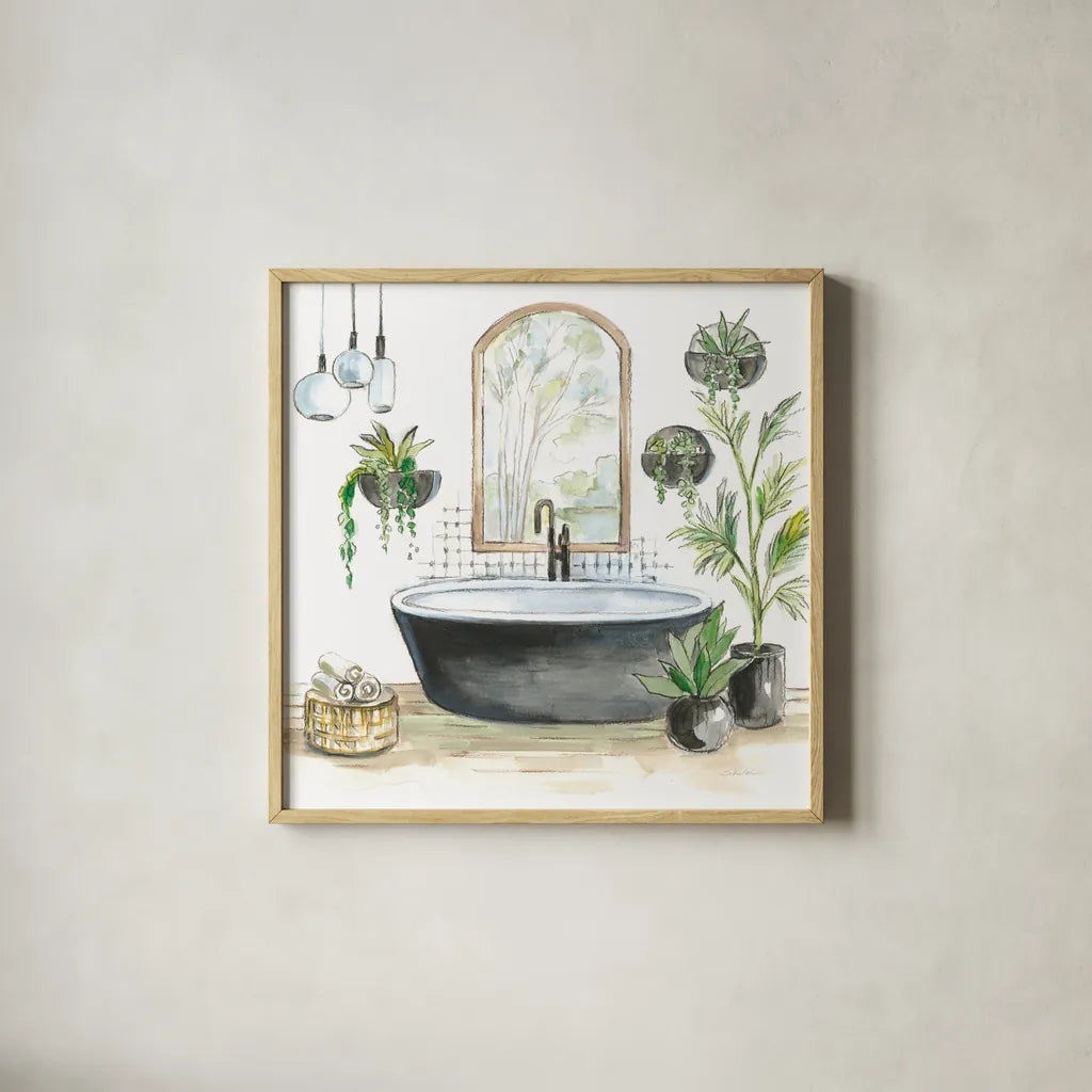 Black Bathtub II by Silvia Vassileva. Shown in a natural wood glass frame for a timeless modern aesthetic. Available as an archival giclee rolled canvas, fine art paper, or poster print. SKU 63288a.