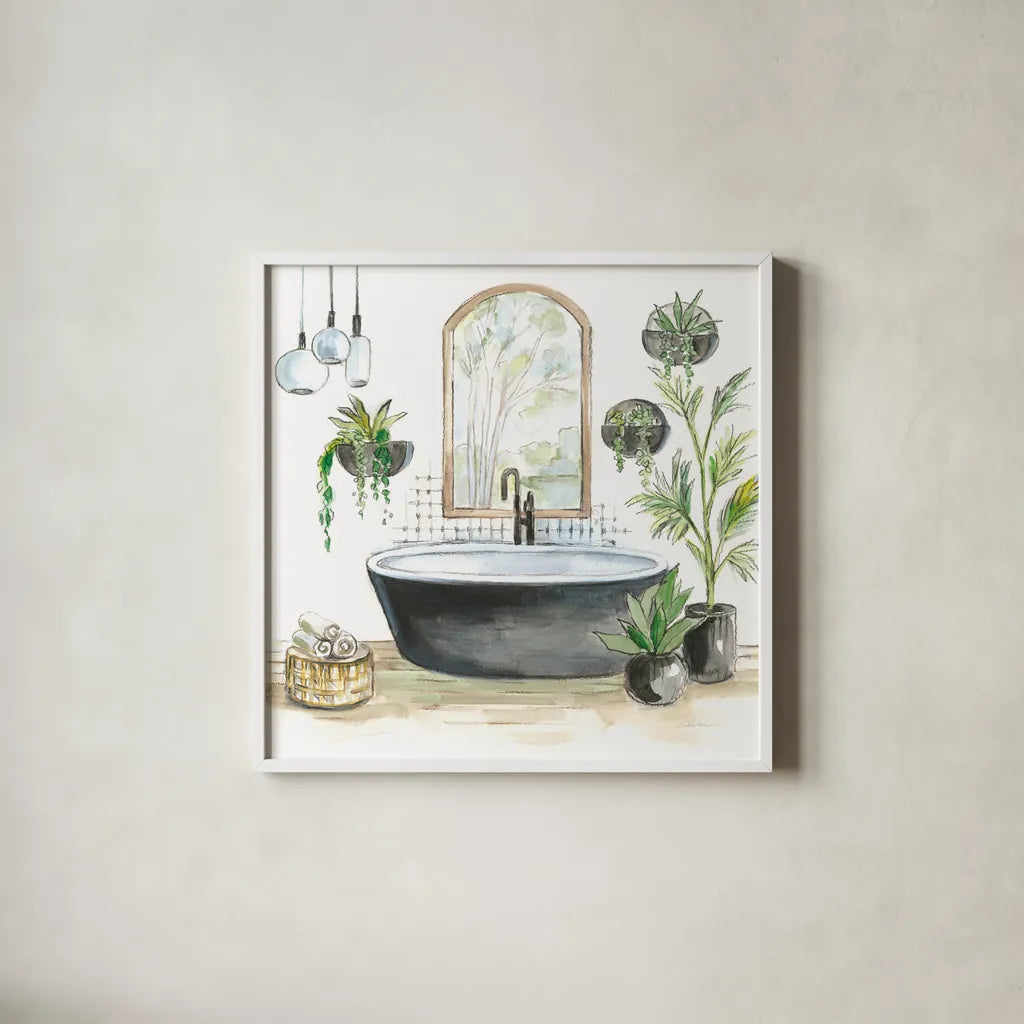 Black Bathtub II by Silvia Vassileva. Shown in a crisp white glass frame for a clean and minimalist style. Available as an archival giclee rolled canvas, fine art paper, or poster print. SKU 63288a.