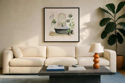 Black Bathtub II by Silvia Vassileva. Displayed in a glass frame with matte in a clean modern living room. Available as an archival giclee rolled canvas, fine art paper, or poster print. SKU 63288a.