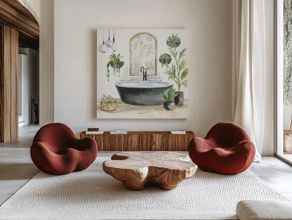 Black Bathtub II by Silvia Vassileva. Shown as extra-large giant wall art in a modern living room. Available as an archival giclee rolled canvas, fine art paper, or poster print. SKU 63288a.