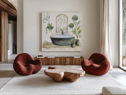 Black Bathtub II by Silvia Vassileva. Shown as extra-large giant wall art in a modern living room. Available as an archival giclee rolled canvas, fine art paper, or poster print. SKU 63288a.