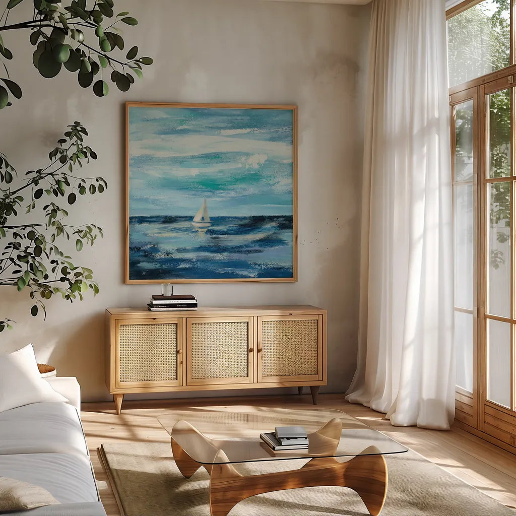 Black Sea II by Silvia Vassileva. Shown in a natural wood frame in a cozy modern living room. Available as an archival giclee rolled canvas, fine art paper, or poster print. SKU 46657a.