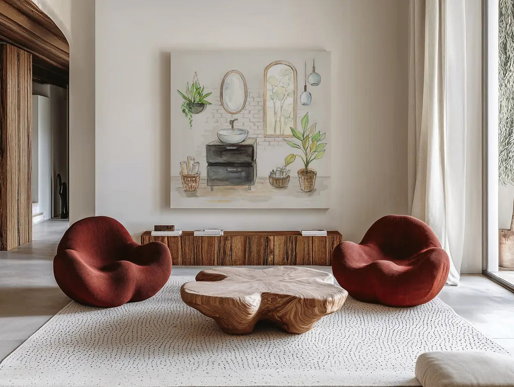 Black Sink v2 by Silvia Vassileva. Shown as extra-large giant wall art in a modern living room. Available as an archival giclee rolled canvas, fine art paper, or poster print. SKU 66624a.