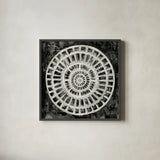 Black Textured Medallion by Silvia Vassileva. Shown in a sleek black glass frame for a contemporary gallery look. Available as an archival giclee rolled canvas, fine art paper, or poster print. SKU 61847a.