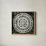 Black Textured Medallion by Silvia Vassileva. Shown in a natural wood glass frame for a timeless modern aesthetic. Available as an archival giclee rolled canvas, fine art paper, or poster print. SKU 61847a.